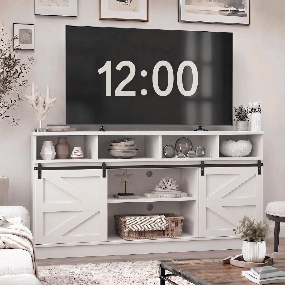 58" Farmhouse TV Stand with Sliding Barn Doors for TVs up to 65 Inch