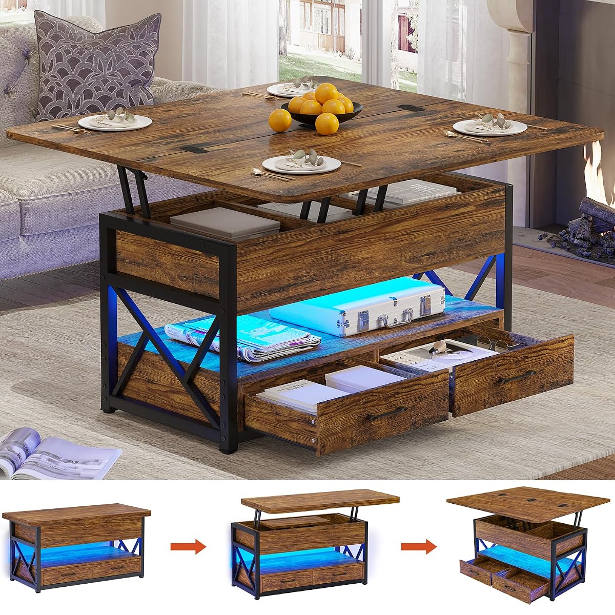 40" Lift Top Coffee Table, 4 in 1 Coffee Tables with Storage for Living Room, Small Farmhouse Coffee Table with 2 Drawers & LED Light for Dining Reception Room, Rustic Brown