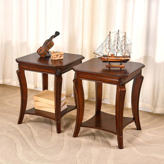 Set of 2 Solid Wood End Table for Living Room, 2-Tier Square Cherry Wood Nightstand, Mid Century Queen Anne Style Antique Side Table, 19.7" D x 19.7" W x 23.8" H, Cherry Walnut CJZ-A1168-WD
