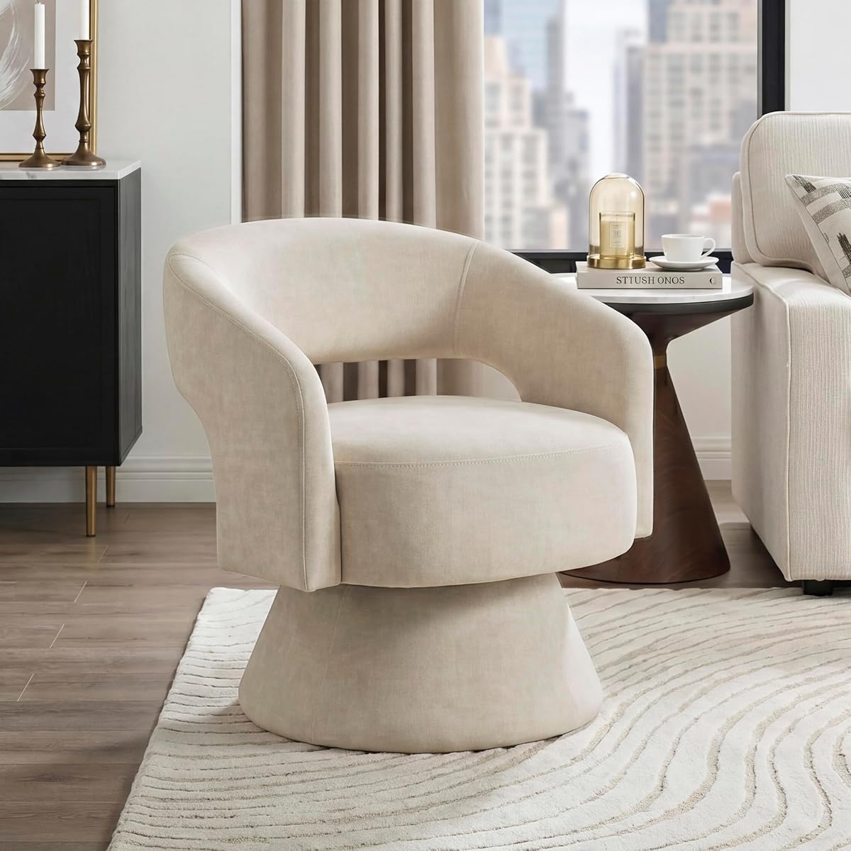 360 Degree Swivel Accent Chair, Modern Comfy Velvet Round Barrel Chair, Open Back, Plush Foam Cushions, Metal Swivel Base for Living Room/Bedroom/Office/Small Spaces, Taupe