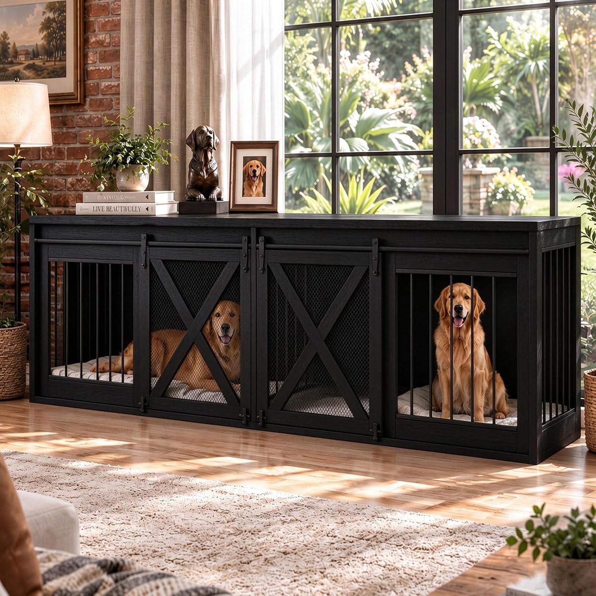 94.5in Double Dog Crate Furniture, Farmhouse Dog Kennel TV Stand, Black