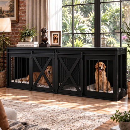 94.5in Double Dog Crate Furniture, Farmhouse Dog Kennel TV Stand, Black