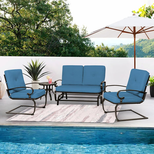 Patio Conversation Sets - Outdoor Metal Furniture Set (Peacock Blue, Wrought Iron, 4Pcs Including Glider, Bistro Table, 2 Spring Lounge Chairs)