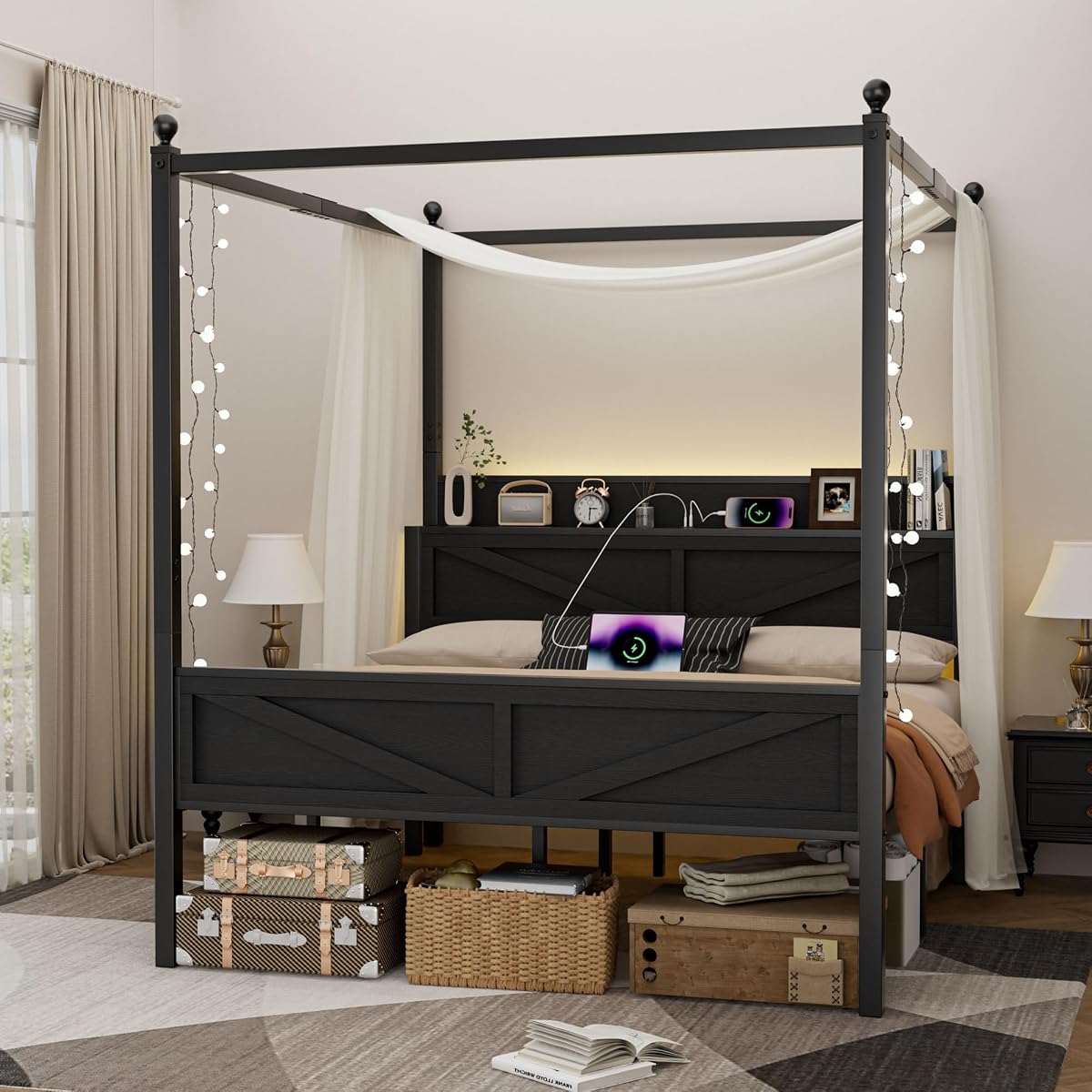 Canopy Bed Frame Queen Size with Barn Storage Headboard, Black‌