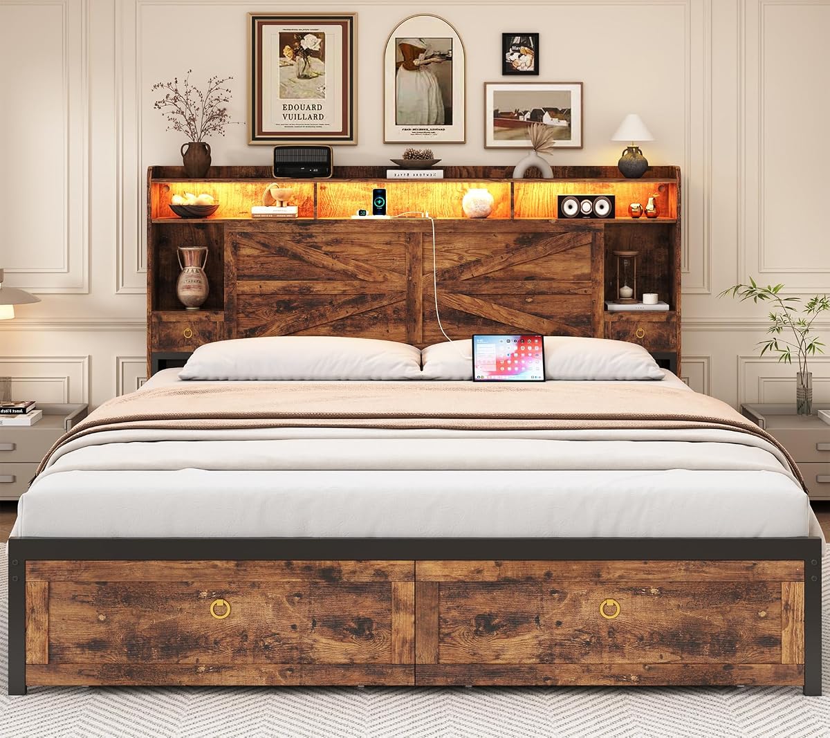 King Size Bed Frames with Storage Headboard and 4 Drawers