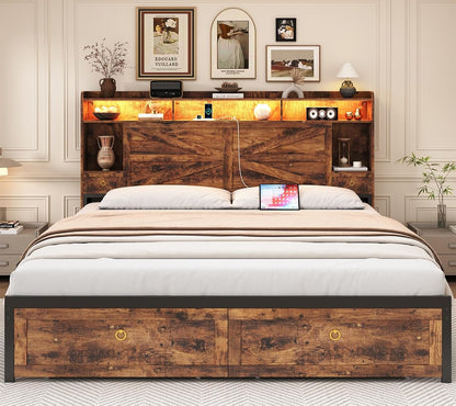 King Size Bed Frames with Storage Headboard and 4 Drawers