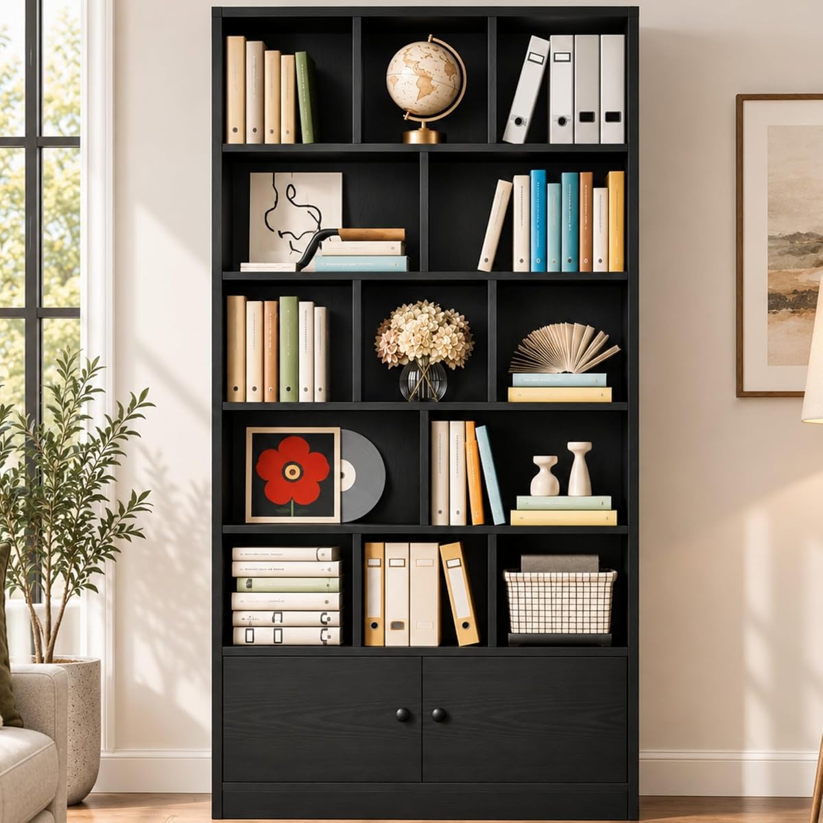 Bookcase with Doors and Open Shelves for Home Office and Living Room