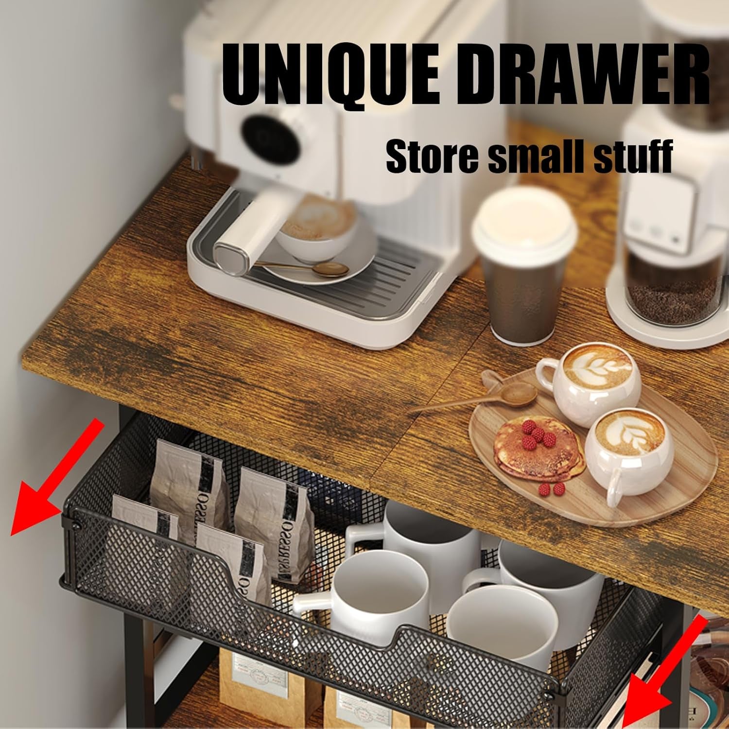 3 Tier Rolling Coffee Cart with 2-Door & Pull-Out Wire Basket Drawer, Movable Coffee Bar Cabinet on Lockable Casters, 32.7" H Microwave Cart with Storage for Home, Kitchen, Dining Room (Rustic Brown)