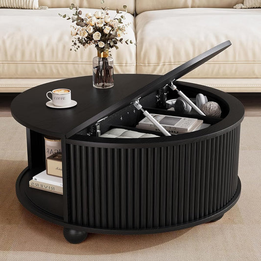 Fluted Round Coffee Tables,31.5" Mid Century Modern Circle Drum Table with Storage, Accent Coffee Table with Sliding Cabinet Door for Living Room Small Space (Black)