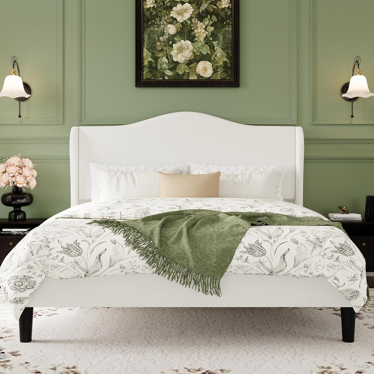 Queen Size Bed Frame with Curved Wingback Headboard,Soft White