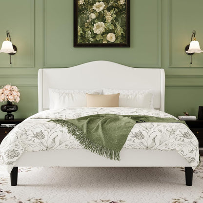 Queen Size Bed Frame with Curved Wingback Headboard,Soft White