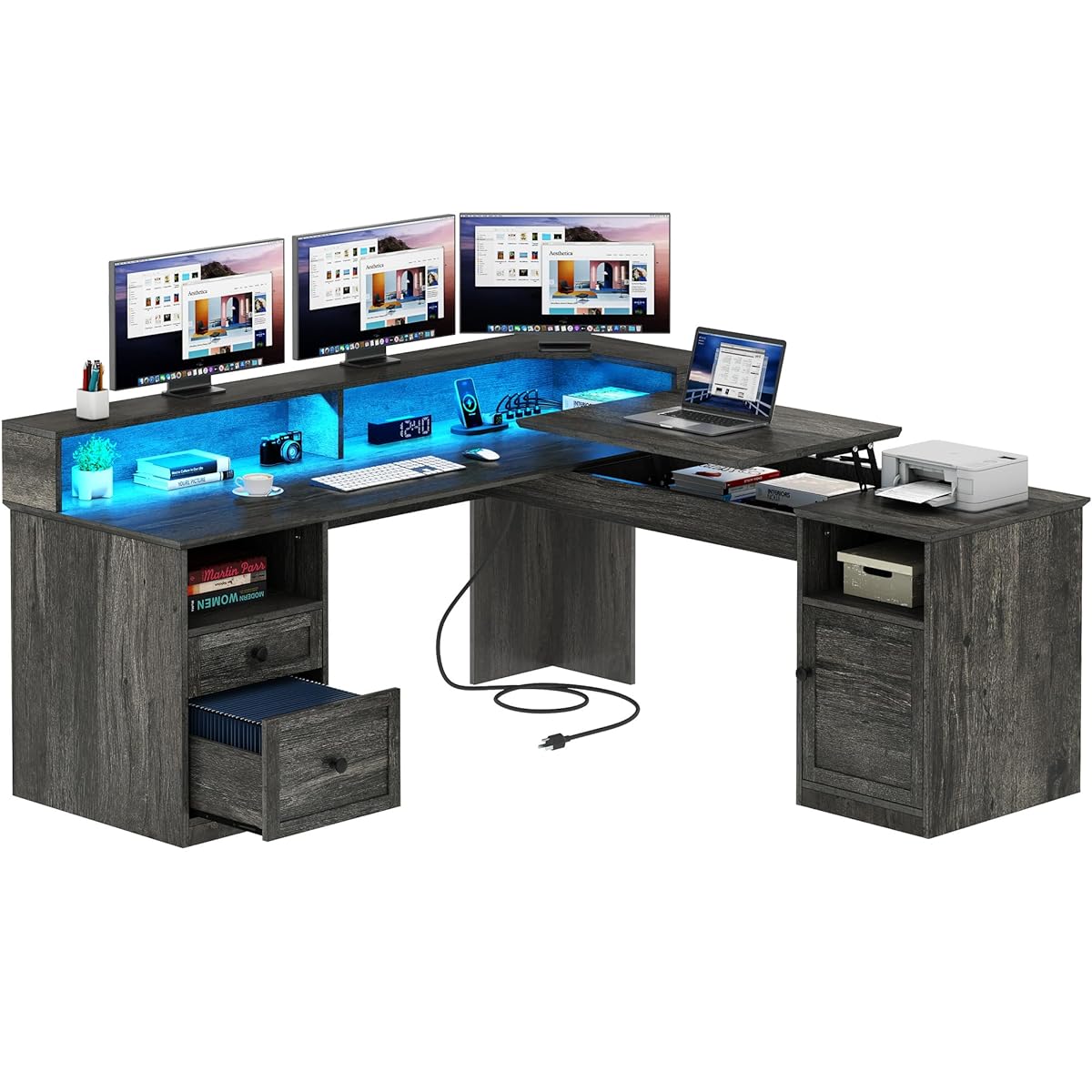 L Shaped Desk with Drawers, 60" Corner Computer Desk with Power Outlets & Lift Top, Home Office Desk with Storage Cabinet & LED Lights, Wood Desk, Height Adjustable Desk, Grey