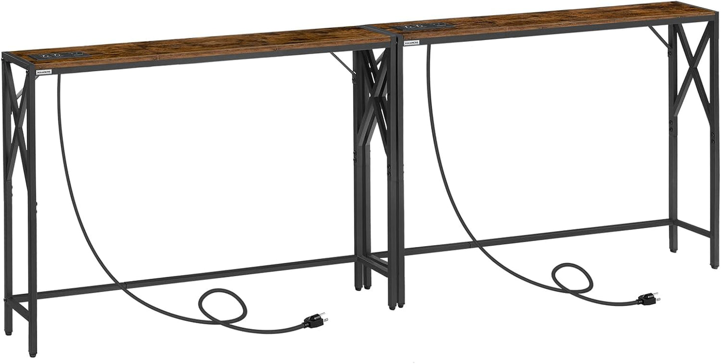 78.7'' Narrow Sofa Table with Charging Station, 2 Pack Skinny Console Table, Slim Entryway Hallway Couch Table, for Entrance, Foyer, Living Room, Hallway, Rustic Brown CTHR151E01S2