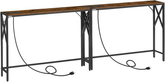 78.7'' Narrow Sofa Table with Charging Station, 2 Pack Skinny Console Table, Slim Entryway Hallway Couch Table, for Entrance, Foyer, Living Room, Hallway, Rustic Brown CTHR151E01S2