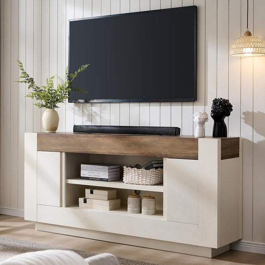 Modern 70" TV Stand, Entertainment Center for TVs Up to 80", Media Console with Large Open Storage & Side Cabinets, Thick Wood Design for Living Room, Antique White
