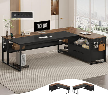 71" Executive Desk, L Shaped Office Desk with Widen File Drawers