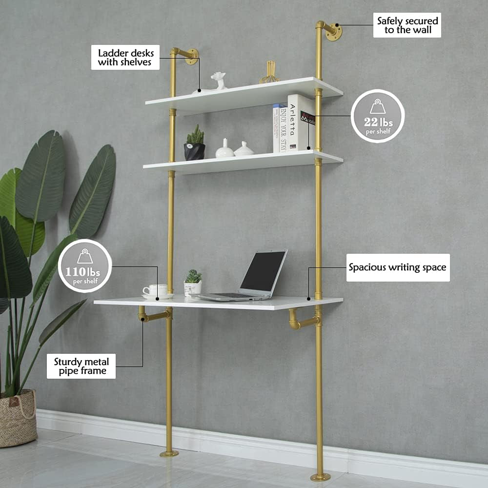 White and Gold Desk, 36" Ladder Desk, Wall Mount Computer Writing Table Pipe Shelf Shelving Mini Narrow Industrial Modern for Small Spaces(36X20X81)