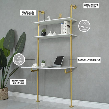 White and Gold Desk, 36" Ladder Desk, Wall Mount Computer Writing Table Pipe Shelf Shelving Mini Narrow Industrial Modern for Small Spaces(36X20X81)