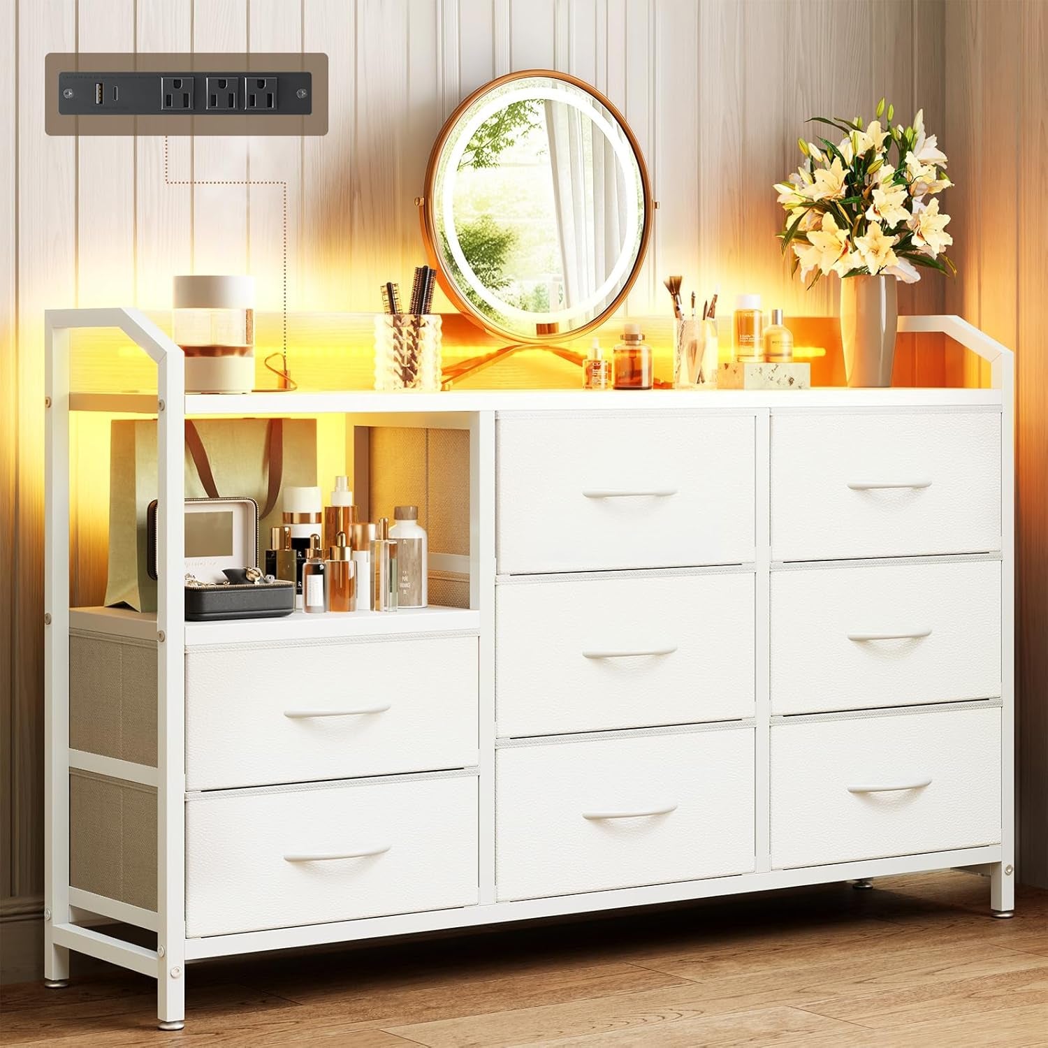 White Dresser for Bedroom with Light Strip & Power Outlet — 8 Drawers Dressers & Chest of Drawers with Shelf, Wood Top, Metal Frame, Wide Dressers for Girls Bedroom, Living Room, Hallway, Closet