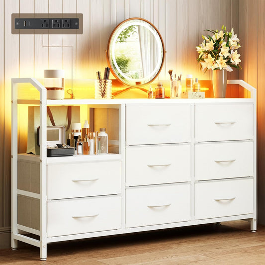 White Dresser for Bedroom with Light Strip & Power Outlet — 8 Drawers Dressers & Chest of Drawers with Shelf, Wood Top, Metal Frame, Wide Dressers for Girls Bedroom, Living Room, Hallway, Closet