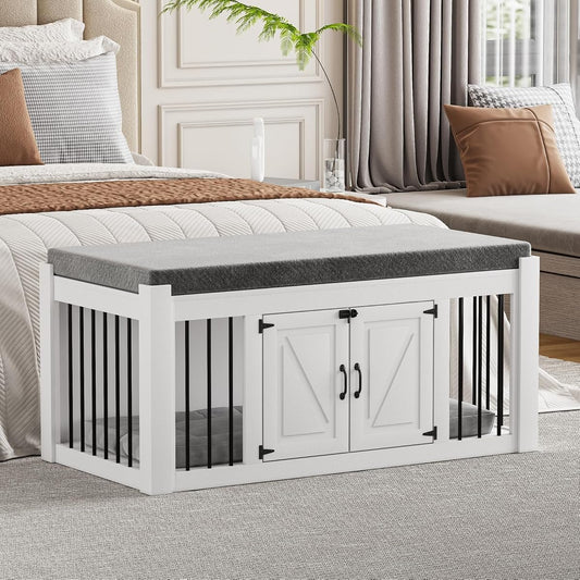 Dog Crate Furniture with Padded Seat, Luxury Wooden Dog Kennel