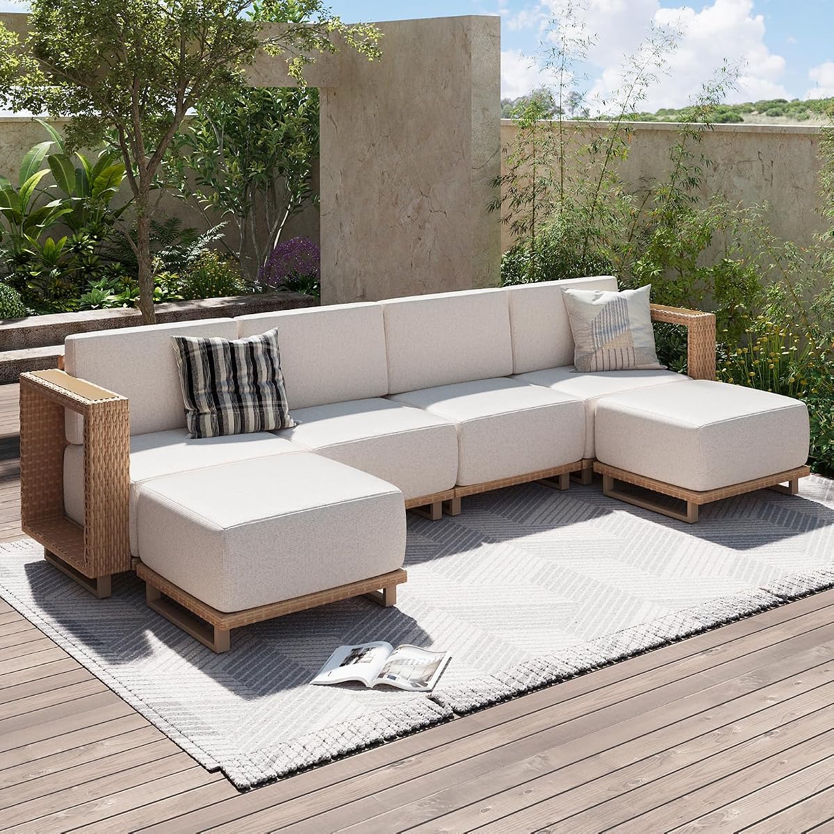 Patio Furniture Set, 6 Piece Outdoor Wicker Sectional Sofa, All‑Weather Rattan Modular Sofa with 10'' Ultra‑Thick Cushions, Outdoor Conversation Set for Backyard, Poolside & Garden, Yellow/Beige
