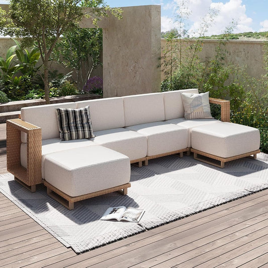 Patio Furniture Set, 6 Piece Outdoor Wicker Sectional Sofa, All‑Weather Rattan Modular Sofa with 10'' Ultra‑Thick Cushions, Outdoor Conversation Set for Backyard, Poolside & Garden, Yellow/Beige