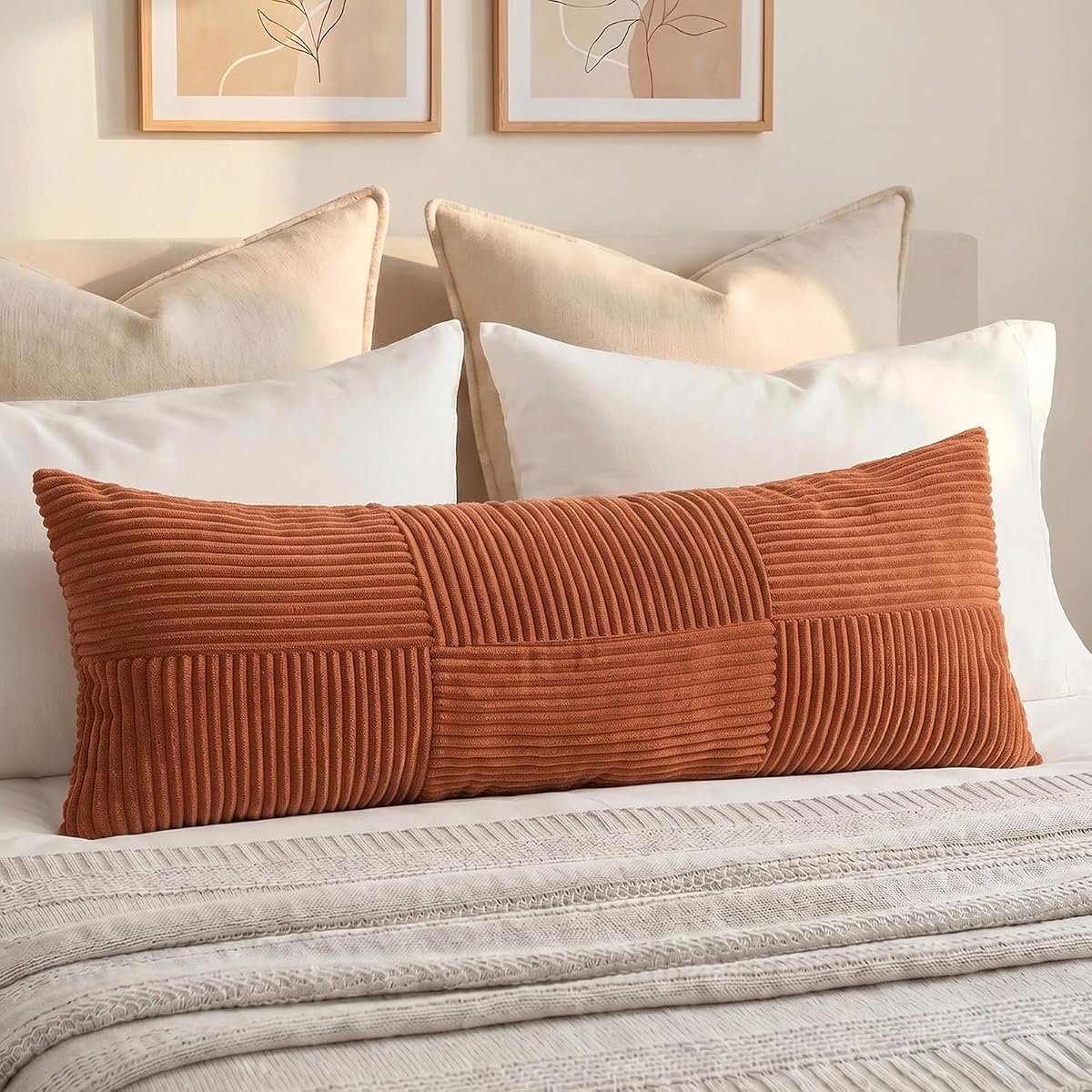 Fancy Homi Set of 1 Rust Boho Long Lumbar Body Decorative Throw Pillow Cover 14x36 Inch for Bed Couch Bedroom Bench, Soft Patchwork Corduroy Textured Pillow Case, Rustic Farmhouse Room Decor