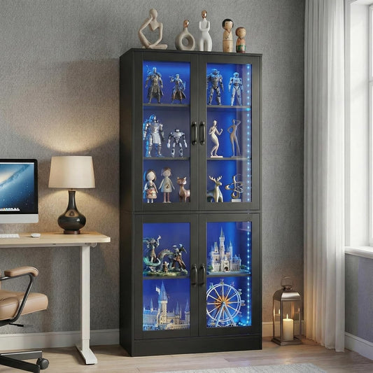 Modern Black 5-Tier Display Cabinet with Glass Doors and LED Lights, 65" Tall Storage Bookshelf, 4-Door Freestanding Curio Cabinet for Living Room, Home Office