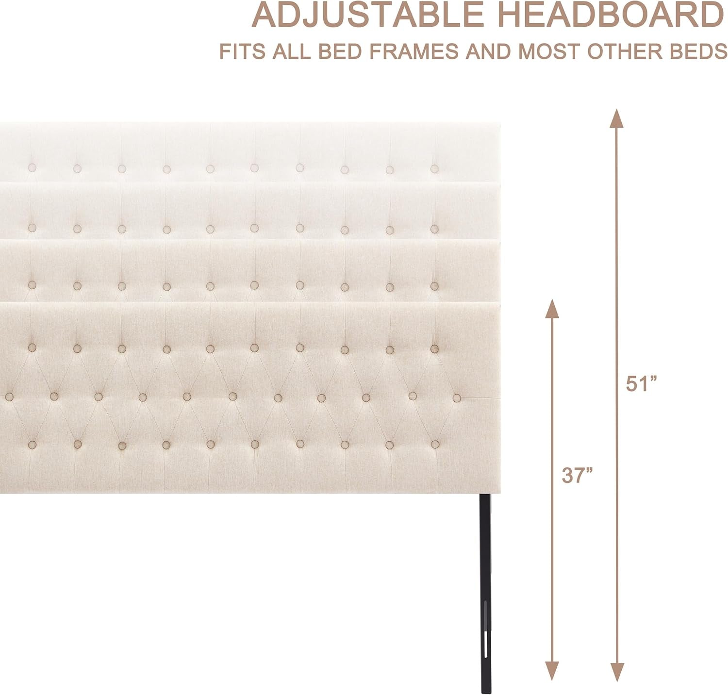 Tufted Upholstered Headboard Queen Size, Solid Wood Head Board with Durable Metal Legs, Adjustable Height Bed Headboard from 37” to 51” Fabric Headboard in Modern Button Design, Beige