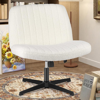 Criss Cross Chairs Armless No Wheels Wide Seat Cross Legged Height Adjustable Swivel Rolling Padded Teddy Fleece Cute Home Office Desk Seating for Bedroom, Study Room, Teddy Beige No Wheel