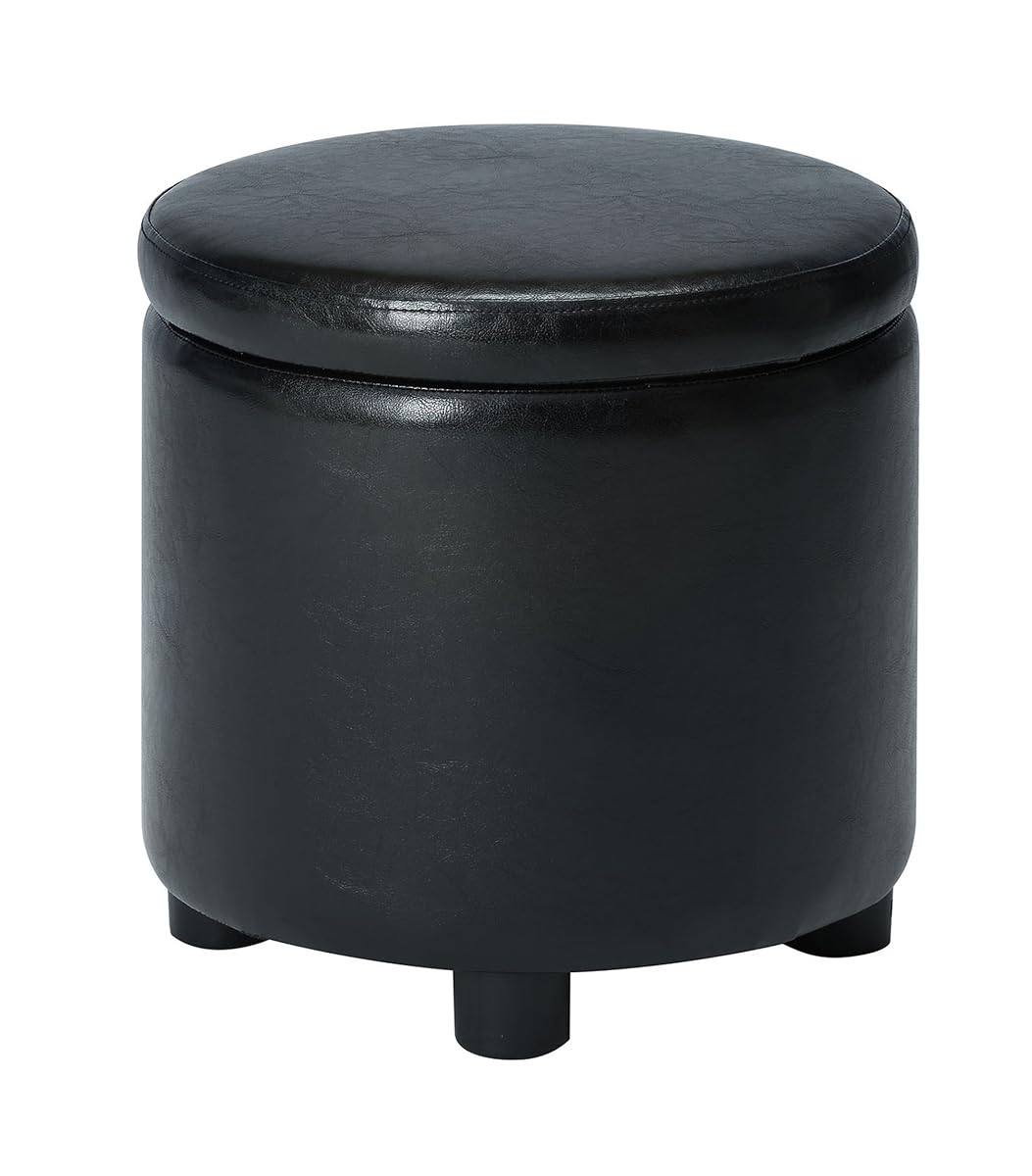 Designs4Comfort Round Accent Storage Ottoman in Black Faux Leather Fabric
