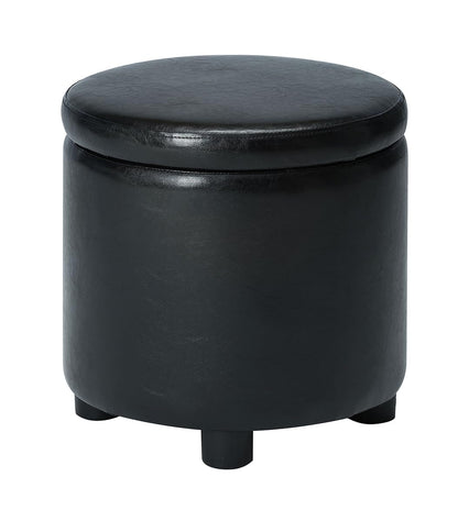 Designs4Comfort Round Accent Storage Ottoman in Black Faux Leather Fabric