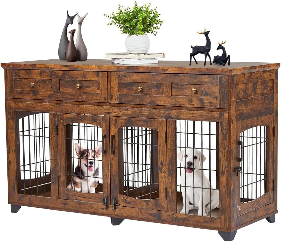 2 Dog Crate Furniture for Large Breeds,Large Dog Kennel Furniture TV Stand,58" Wooden Dog Kennel End Table with Drawers,Double Dog House with Divider