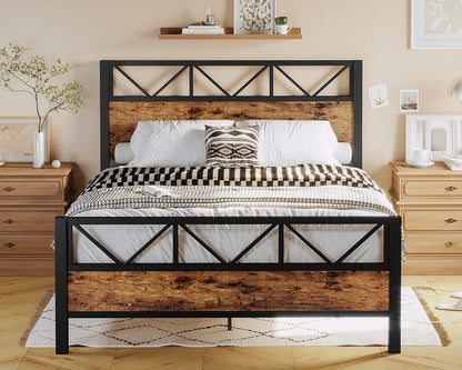 Queen Bed Frame, Tall Industrial Headboard 51.2 ", Platform Bed Frame with Strong Metal Support, Solid and Stable, Noise Free, No Box Spring Needed, Easy Assembly, Vintage Brown
