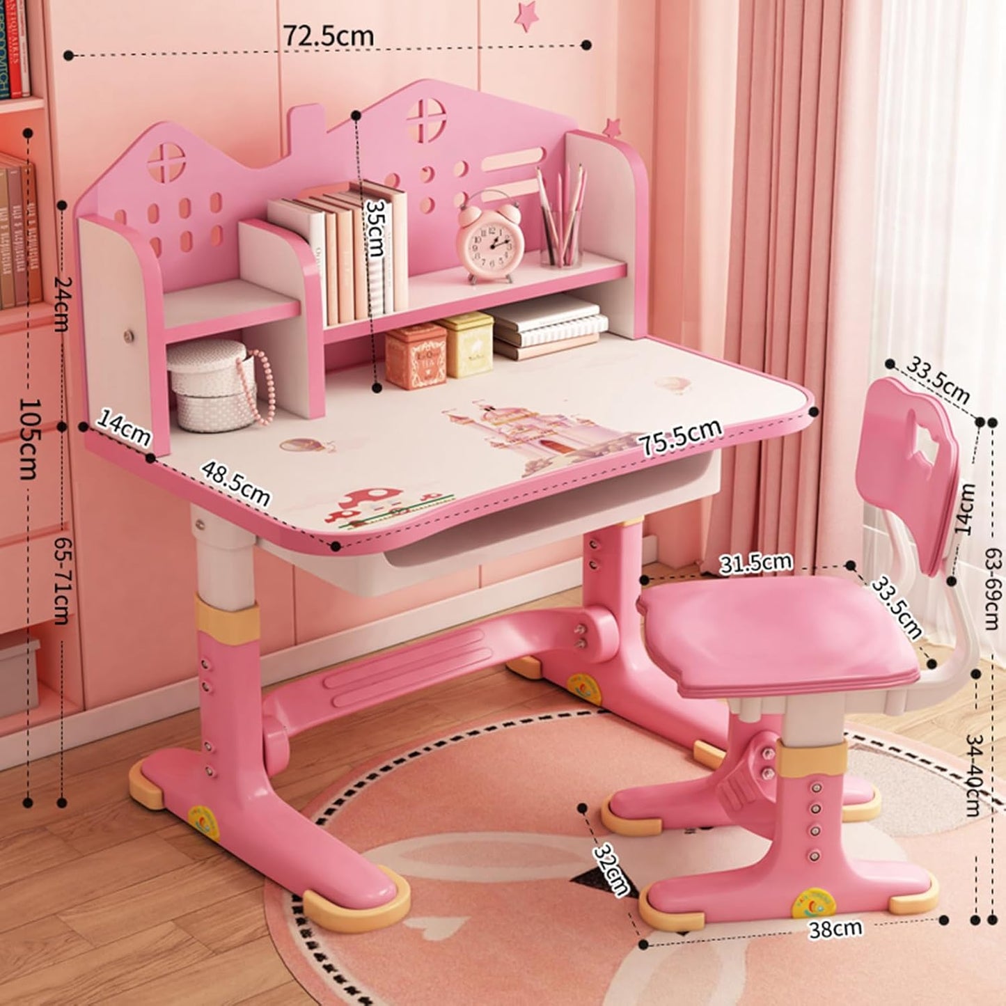 Kids Adjustable Study Desk & Chair Set W/Storage,Drawers,Bookshelf,Child Toddler Writing Homework Table,Little Girl Work Computer Desk,Princess Preschool Desk,Escritorio Mesas Para Niña (Pink A)