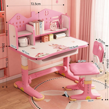 Kids Adjustable Study Desk & Chair Set W/Storage,Drawers,Bookshelf,Child Toddler Writing Homework Table,Little Girl Work Computer Desk,Princess Preschool Desk,Escritorio Mesas Para Niña (Pink A)