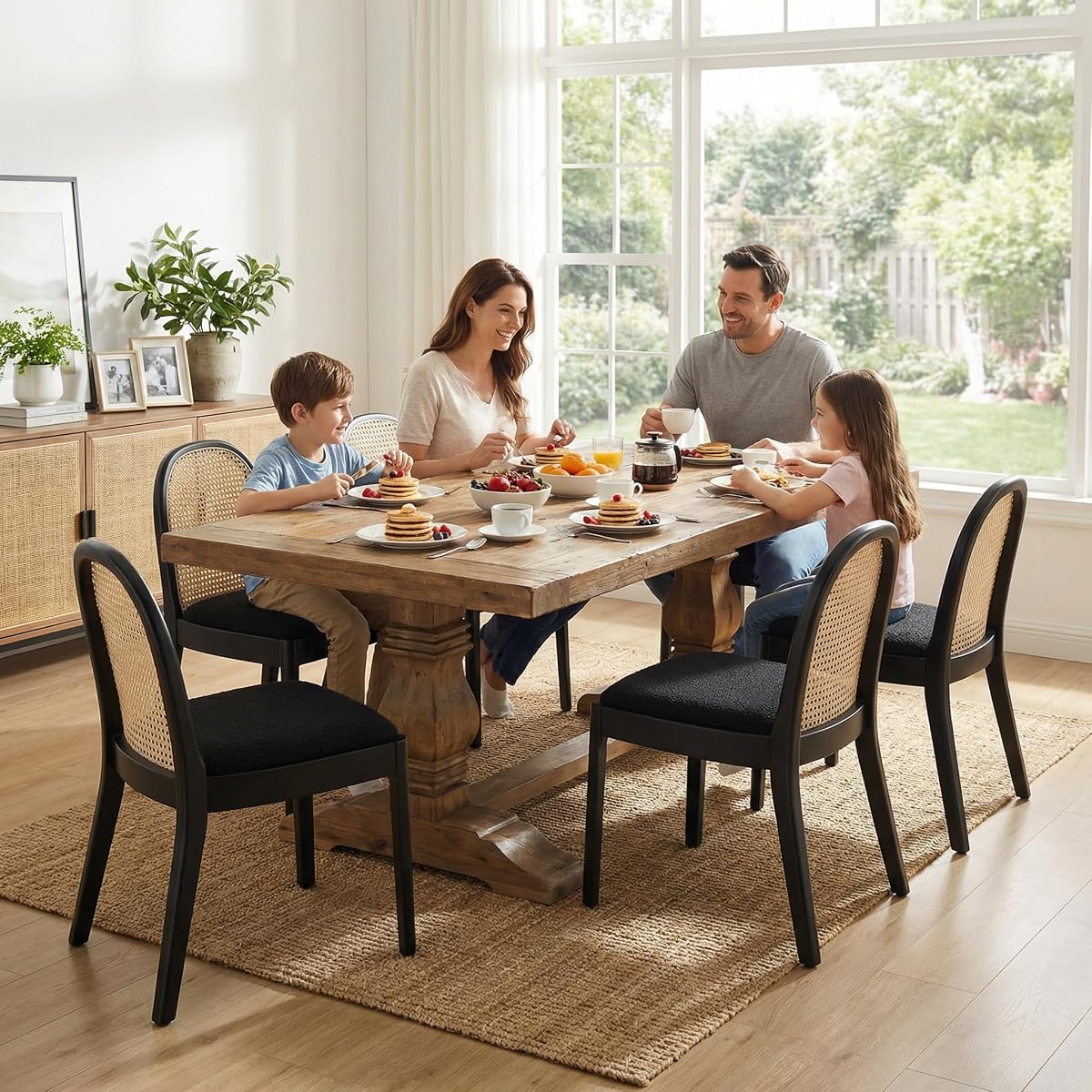 Modern Sherpa Dining Chairs Set of 6, Natural Woven Rattan Cane Back Side Chairs with Solid Wood Legs Mid Century Dinner Chairs for Kitchen Living Room, Black