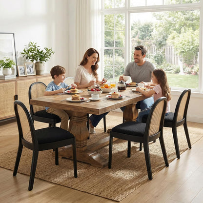 Modern Sherpa Dining Chairs Set of 6, Natural Woven Rattan Cane Back Side Chairs with Solid Wood Legs Mid Century Dinner Chairs for Kitchen Living Room, Black