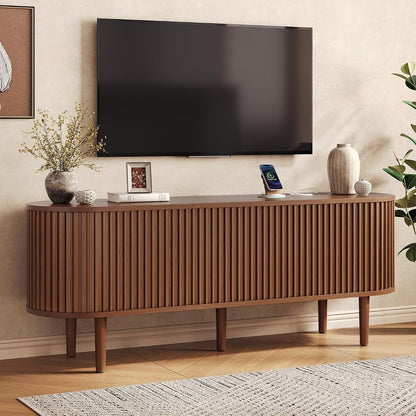 59" TV Stand with Power Outlet, Entertainment Center w/ Wood Leg Walnut