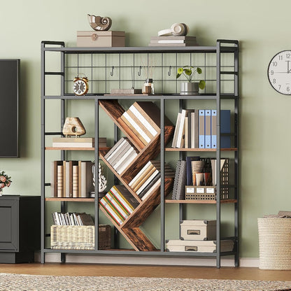 Triple 5-Tier Bookshelf, Industrial Large Bookcase with 14 Open Display Shelves, Modern Tree Bookcase with Metal Frame and Hanging Function for Living Room, Home Office, Rustic Brown and Black