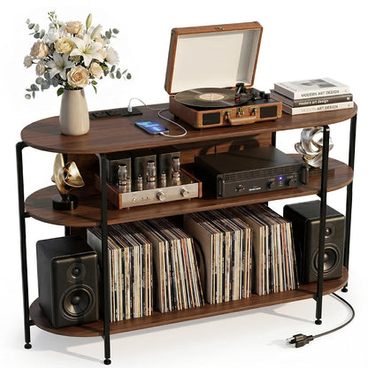 Vinyl Record Player Stand with Power Outlets
