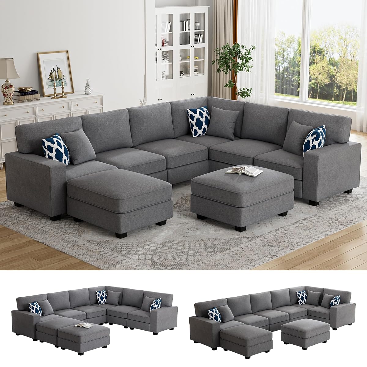 Oversized Modular Sectional Sofa,U/L‑Shaped Reversible Couch with Ottoman,Deep Seat Plush Polyester Sofa for Living Room,8‑Seater,Dark Grey