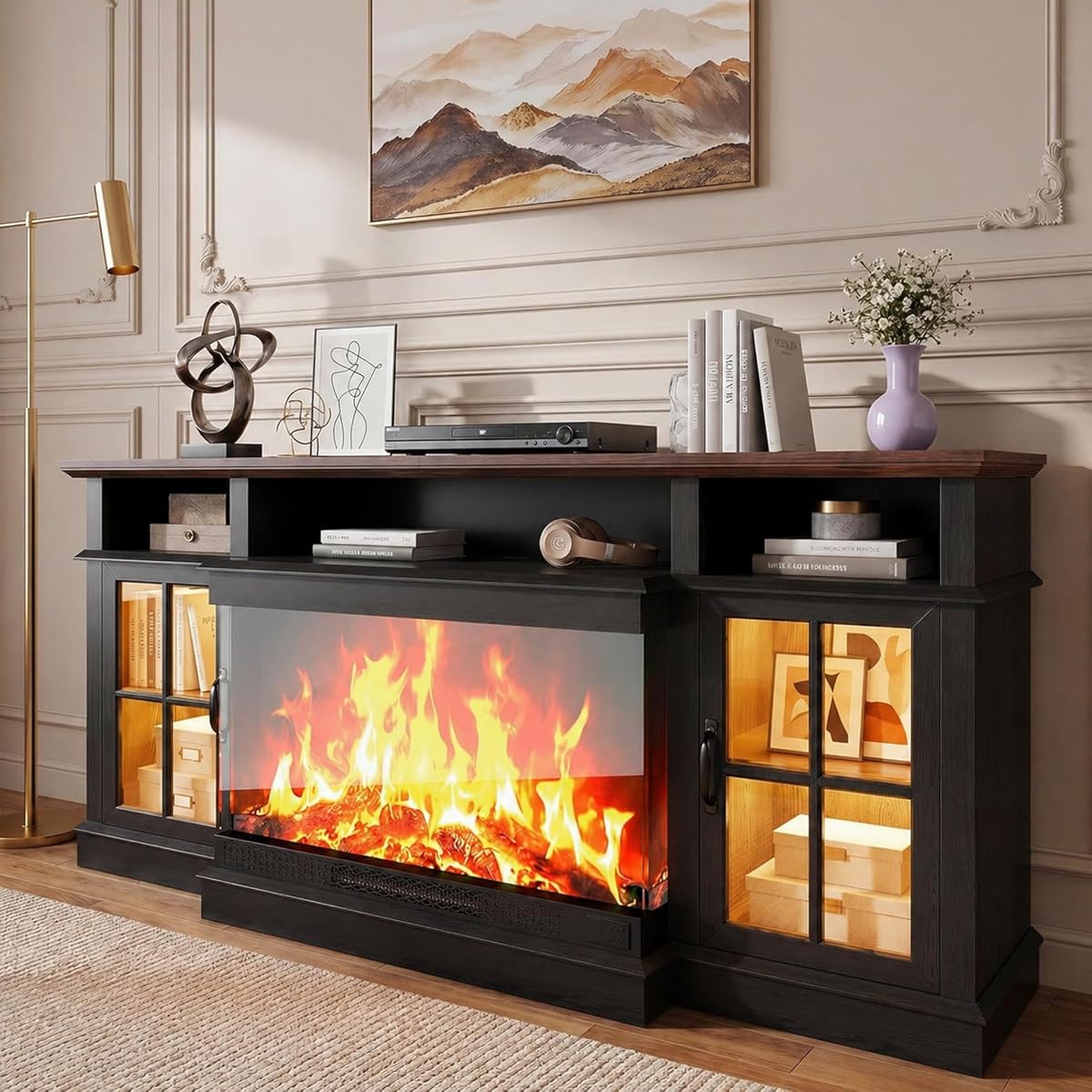 70" Fireplace TV Stand,3-Sided Glass Electric Fireplace, Black