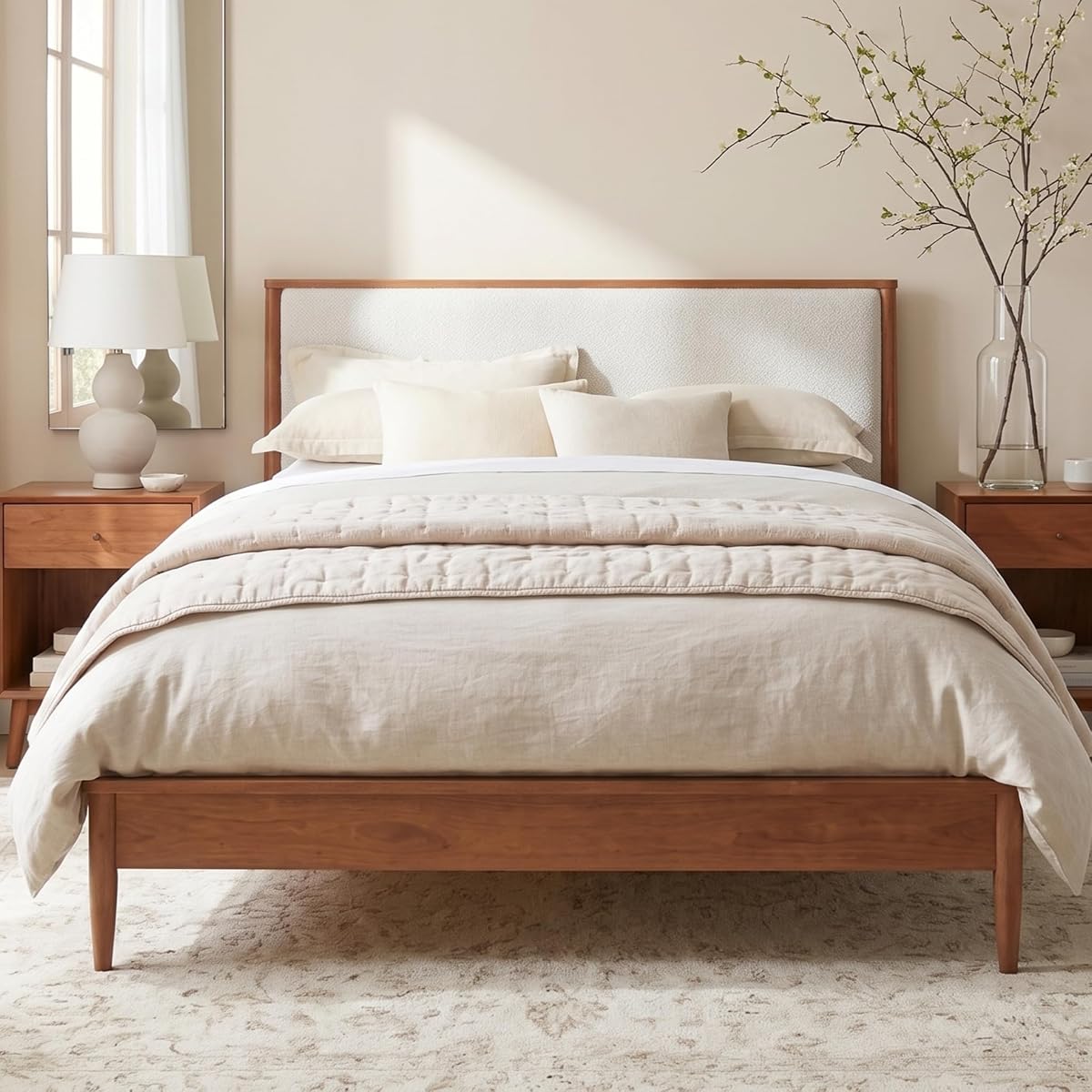 Mid Century Bed Frame with Boucle Upholstered Headboard, Walnut