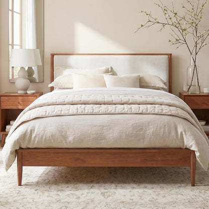 Mid Century Bed Frame with Boucle Upholstered Headboard, Walnut