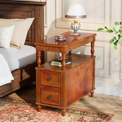 Tribesigns Solid Wood Nightstand with 2 Drawers, Mid-Century Modern Night Stand with Open Storage Shelf, Vintage Bedside Table for Bedroom, Easy to Assemble (1, Walnut)