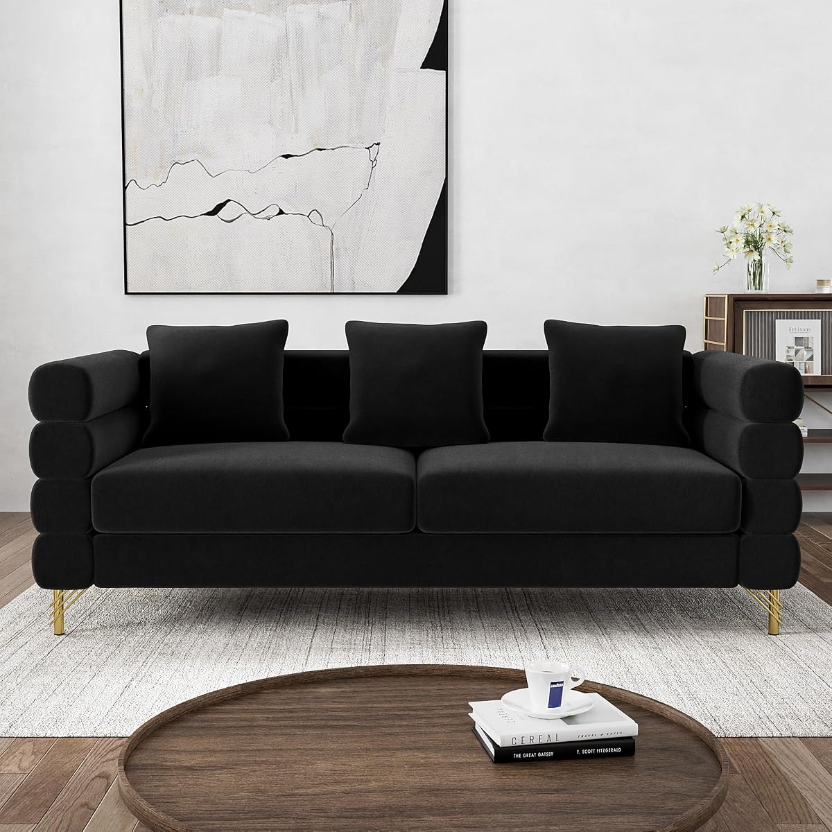 Cloud Couch for Living Room, 79" Modern Overstuffed Deep Seat Velvet 3 Seater Sofa with 3 Pillows, Comfy Upholstered Oversized Loveseat for Bedroom Office, Jet Black Velvet
