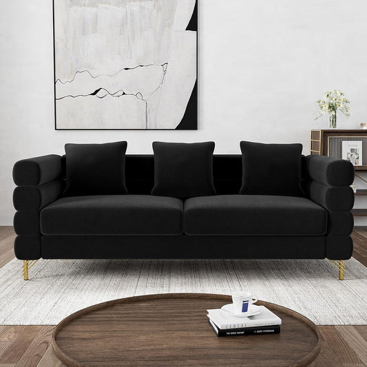 Cloud Couch for Living Room, 79" Modern Overstuffed Deep Seat Velvet 3 Seater Sofa with 3 Pillows, Comfy Upholstered Oversized Loveseat for Bedroom Office, Jet Black Velvet
