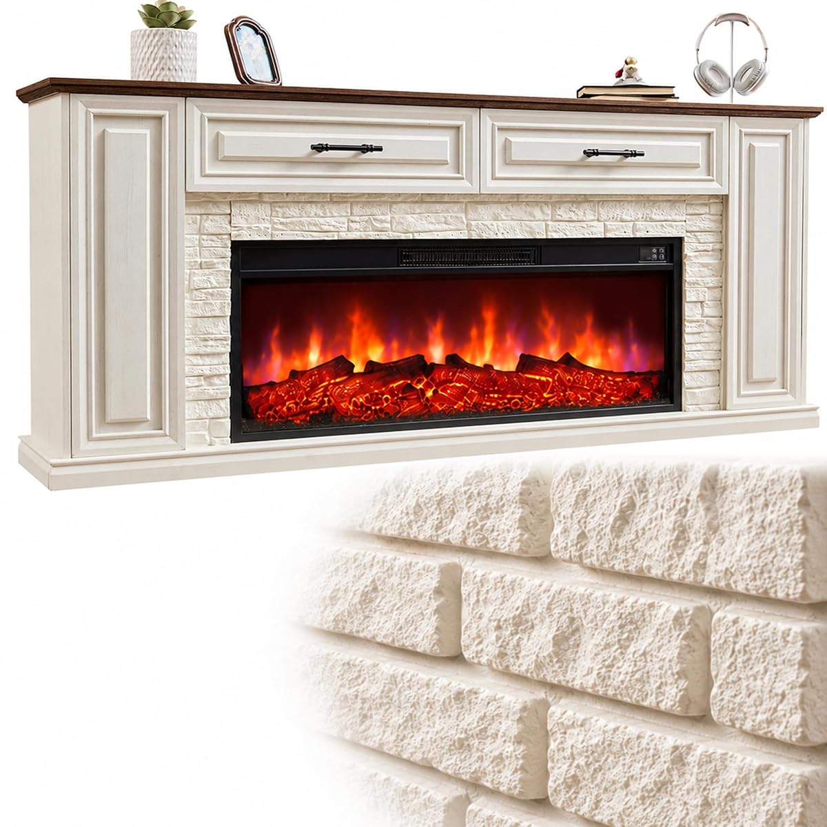 70" Fireplace TV Stand with Cabinet Drawers, Electric Fireplace with Mantel